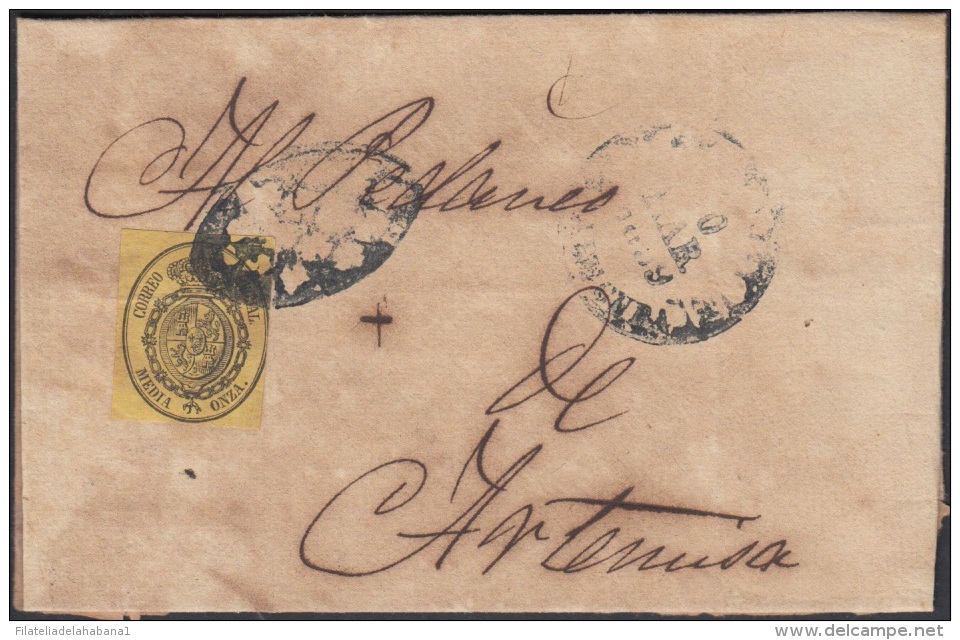 1858-H-91 CUBA ESPAÑA SPAIN. ANTILLAS. ISABEL II. 1858. Ed.6. &frac12; Oz. 1859. CORREO OFICIAL. MARCA BAEZA GUANAJAY ST - Voorfilatelie