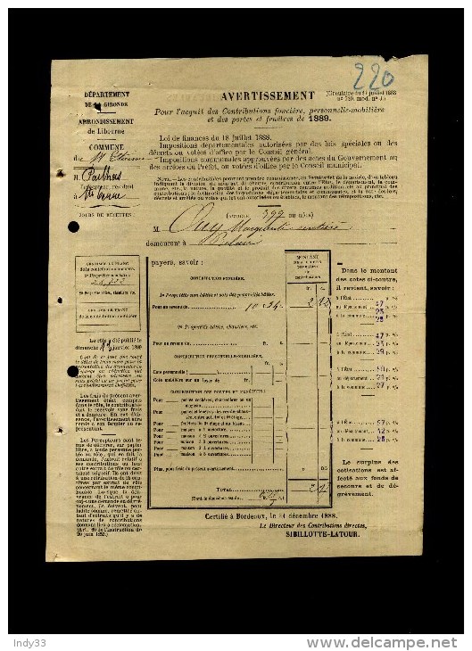 - FRANCE XIXe S. POUR L'ACQUIT DES CONTRIBUTIONS PERSONNELLE MOBILIERE ET DES PORTE ET FENETRES . - Decrees & Laws