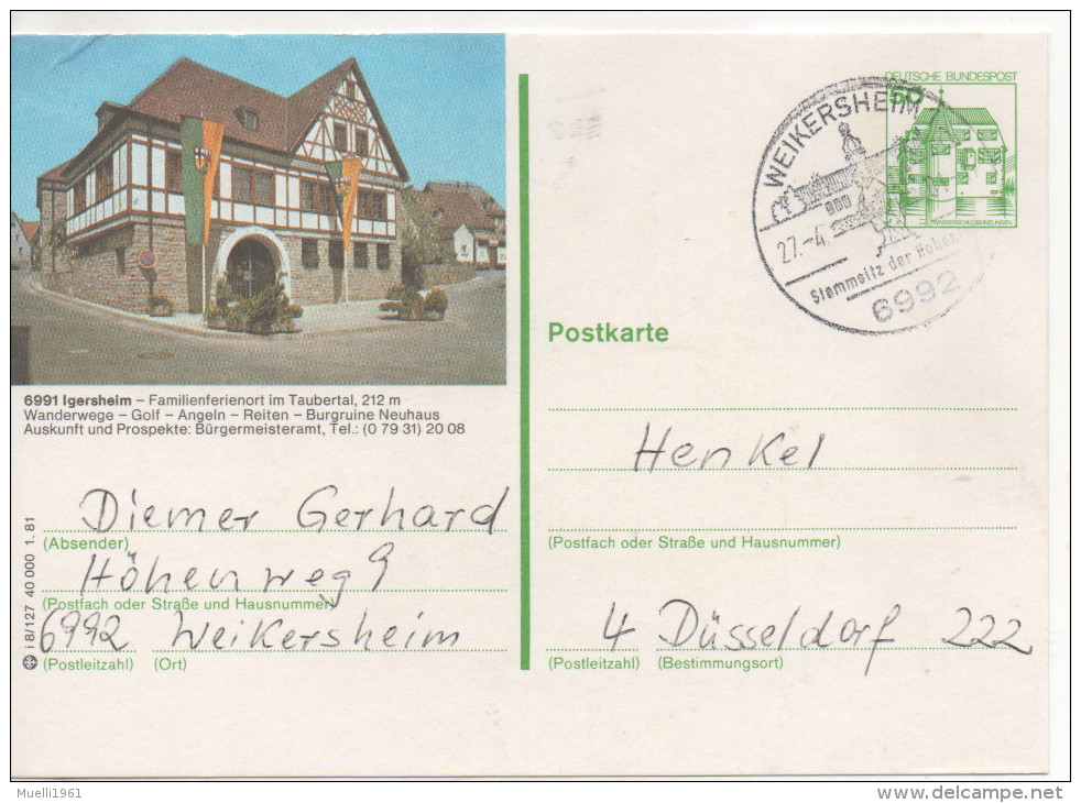 Nr. 3466, Ganzsache Deutsche Bundespost,  Igersheim - Geïllustreerde Postkaarten - Gebruikt