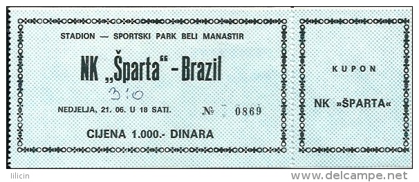 Sport Match Ticket UL000239 - Football: Sparta Vs Brazil, Friendly 1987-06-21 - Tickets & Toegangskaarten