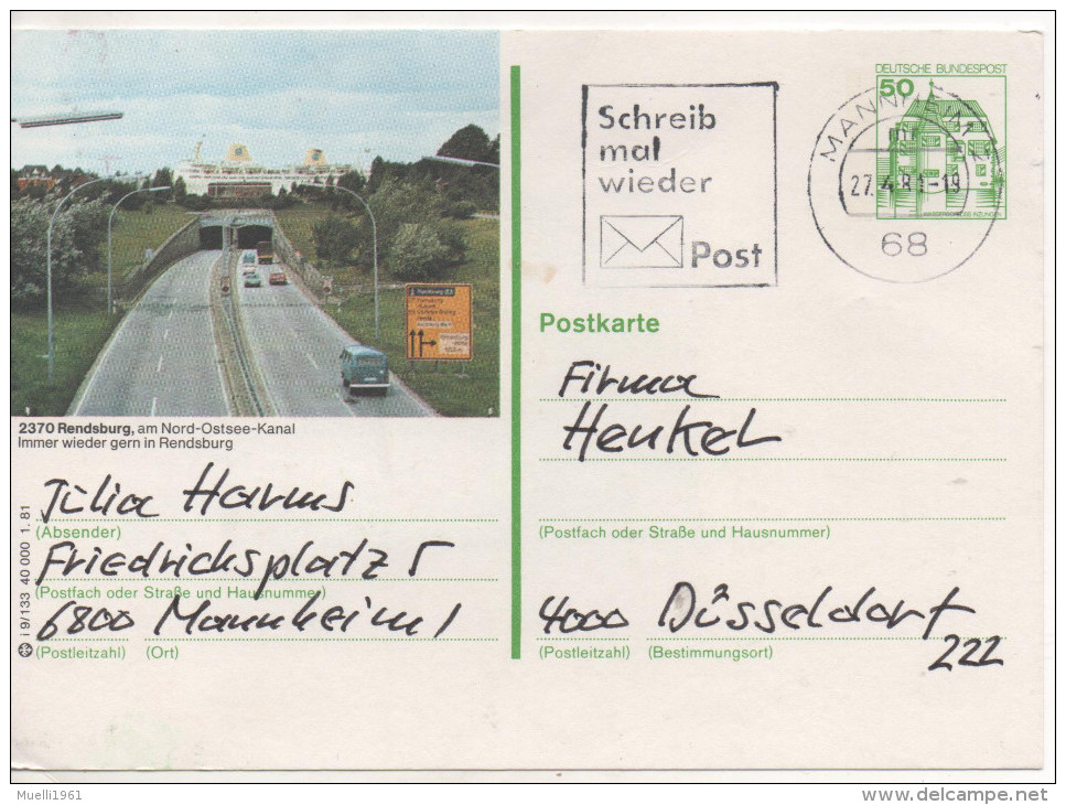 Nr. 3470, Ganzsache Deutsche Bundespost,  Rendsburg - Illustrated Postcards - Used