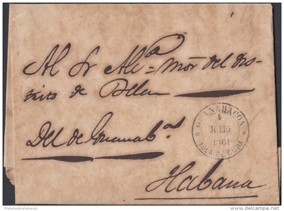 1861-H-15 CUBA ESPAÑA SPAIN. ANTILLAS. ISABEL II. 1861. CORREO OFICIAL. SOBRE CON FECHADOR DE GUANABACOA. - Voorfilatelie