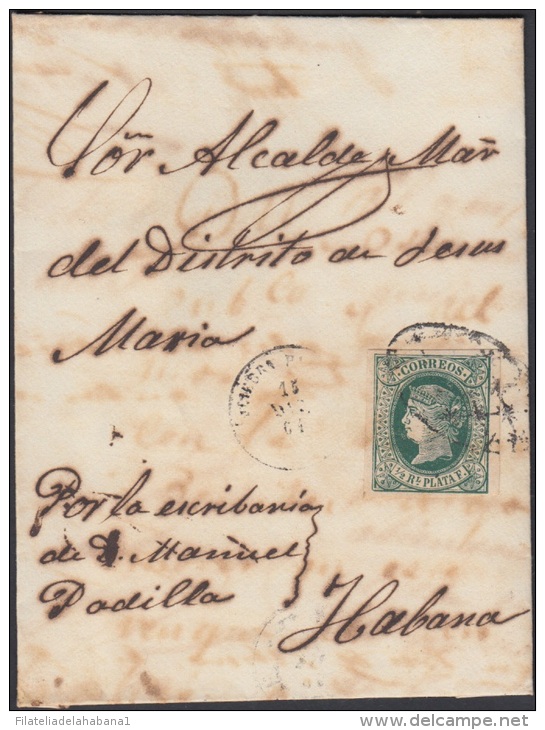 1864-H-36 CUBA ESPAÑA SPAIN. ANTILLAS. ISABEL II. 1864. Ant. Ed.10. 1/2r. 1864. SOBRE CORREO OFICIAL. FECHADOR QUIEBRA H - Voorfilatelie