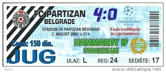 Sport Match Ticket UL000246 - Football: Partizan Belgrade Vs Hammarby IF Stockholm, UEFA Champions League 2002-08-07 - Tickets & Toegangskaarten