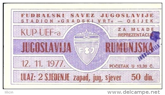 Sport Match Ticket UL000249 - Football: Yugoslavia Vs Romania, Juniors 1977-11-12 - Match Tickets