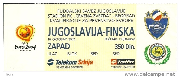 Sport Match Ticket UL000250 - Football: Yugoslavia Vs Finland, European Championship UEFA Qualifications 2002-10-16 - Match Tickets