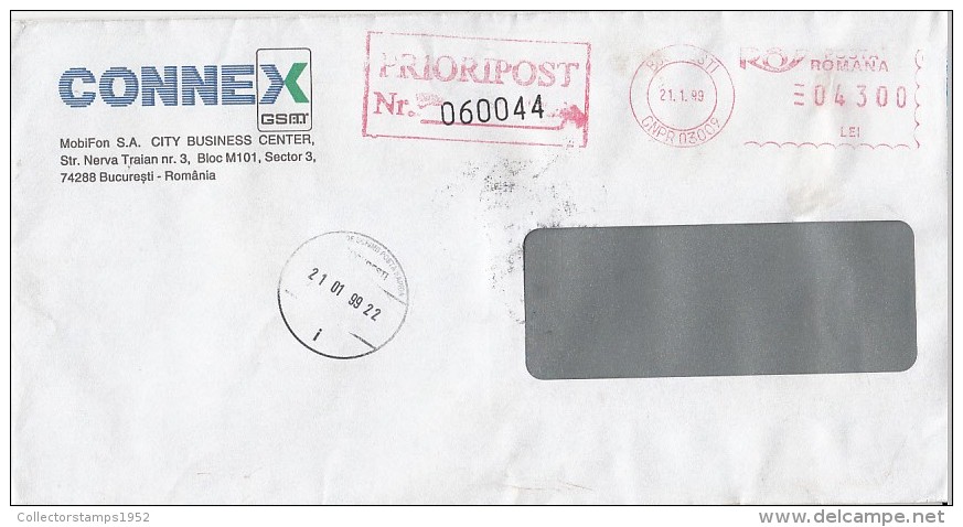 FM10774- AMOUNT 4300, BUCHAREST, RED MACHINE STAMPS ON COVER, 1999, ROMANIA - Cartas & Documentos