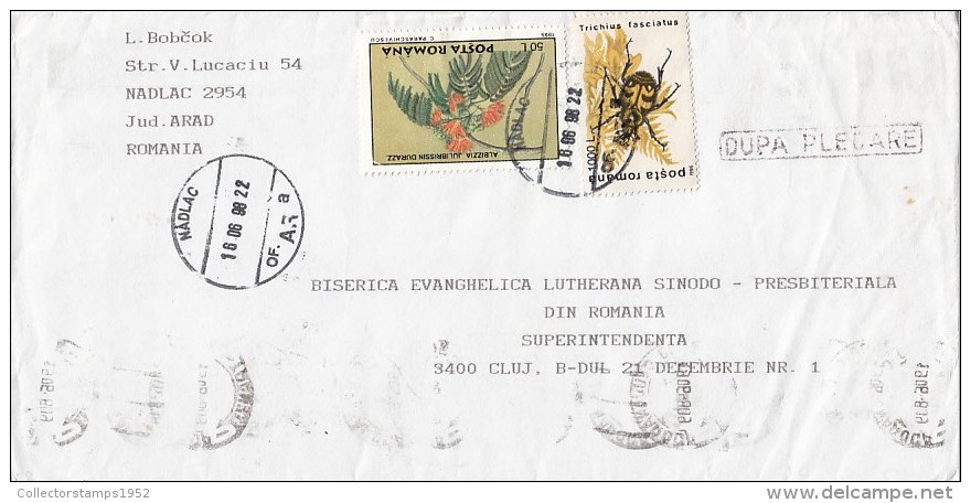 FM10777- FLOWER, BEETLE, STAMPS ON COVER FRAGMENT, 1998, ROMANIA - Cartas & Documentos
