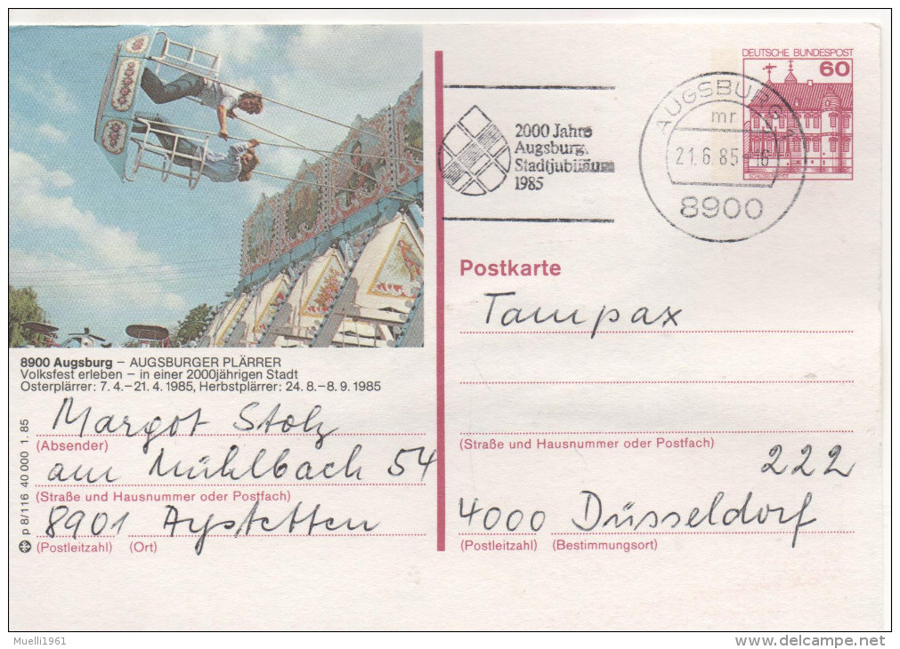 Nr. 3501, Ganzsache Deutsche Bundespost,  Augsburg - Illustrated Postcards - Used