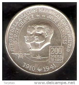 MONEDA DE PLATA DE PERU DE 200 SOLES DE ORO DEL AÑO 1975 DE LOS HEROES DE LA AVIACION  (COIN) SILVER-ARGENT - Perú