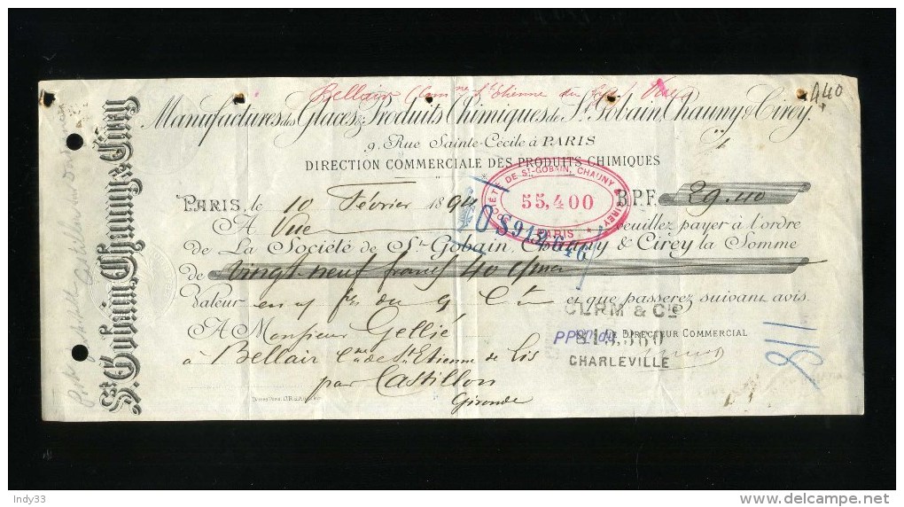 -  CHEQUE DE ST GOBAIN CHAUNY ET CIREY . 1894 . - Chèques & Chèques De Voyage