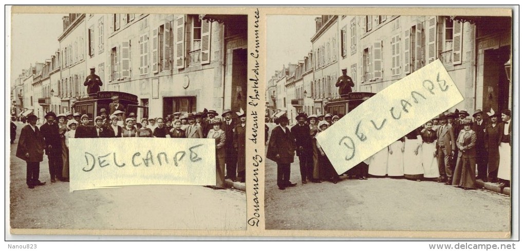 DOUARNENEZ TOP Et RARE PHOTO STEREOSCOPIQUE " Devant L'Hôtel Du Commerce En 1914 " Stéréo Voiture à Chevaux Publicitaire - Stereoscopic