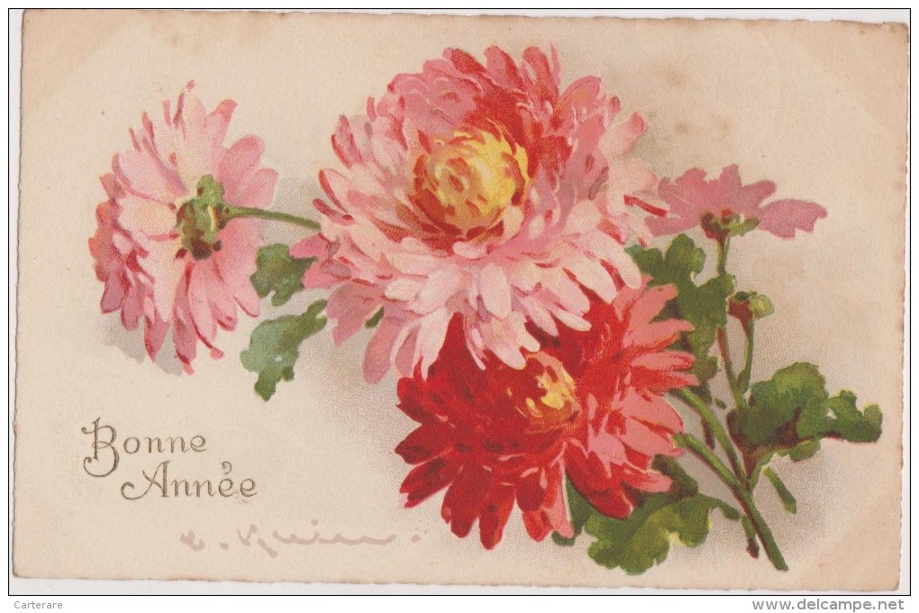 Cpa,signée,illustrateur,a Rtiste Reconnue,klein, La Bonne Année Avec Un Bouquet De Fleurs,la Vie - Klein, Catharina