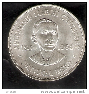 MONEDA DE PLATA DE FILIPINAS DE 1 PISO DEL AÑO 1964 DE APOLINARIO MABINI (COIN) SILVER-ARGENT - Filipinas