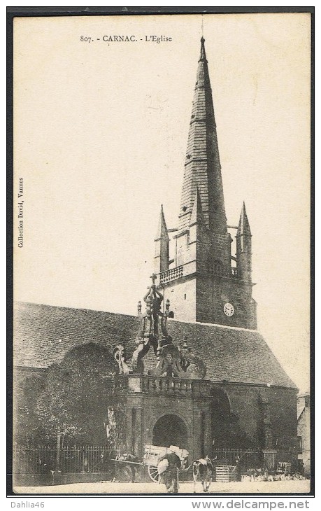 CPA 56_CARNAC - L'église, Petite Animation, Attelage Agricole, Vache - Carnac