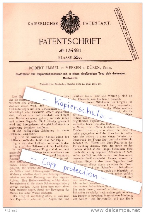 Original Patent - Robert Emmel In Merken B. Düren , Rhld. , 1901 , Stoffrührer Für Papierstoffholländer !!! - Historische Dokumente