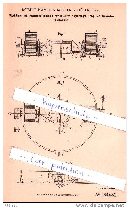 Original Patent - Robert Emmel In Merken B. Düren , Rhld. , 1901 , Stoffrührer Für Papierstoffholländer !!! - Historische Dokumente