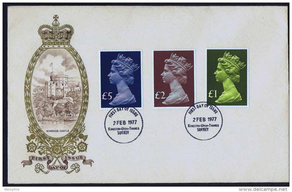 1977  High Value Machin  &pound;1, &pound;2, &pound;5  Private Unaddressed FDC  Kingston-upon-Thames Cancel - 1971-1980 Decimal Issues