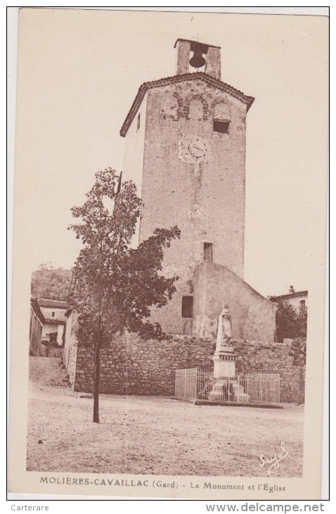 Cpa,gard,1940,en Guerre ,molières-cavaillac,le Monument Et L´église Par Sujol,rare - Autres & Non Classés