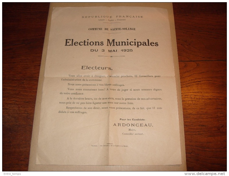 Sainte Solange 18220 Elections Municipales 1925 Ardonceau - Collezioni