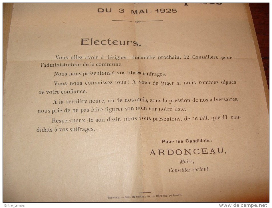 Sainte Solange 18220 Elections Municipales 1925 Ardonceau - Collections