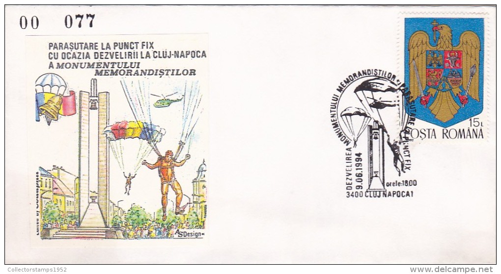 3758A PARACHUTING, 1994,SPECIAL COVER, ROMANIA - Parachutisme