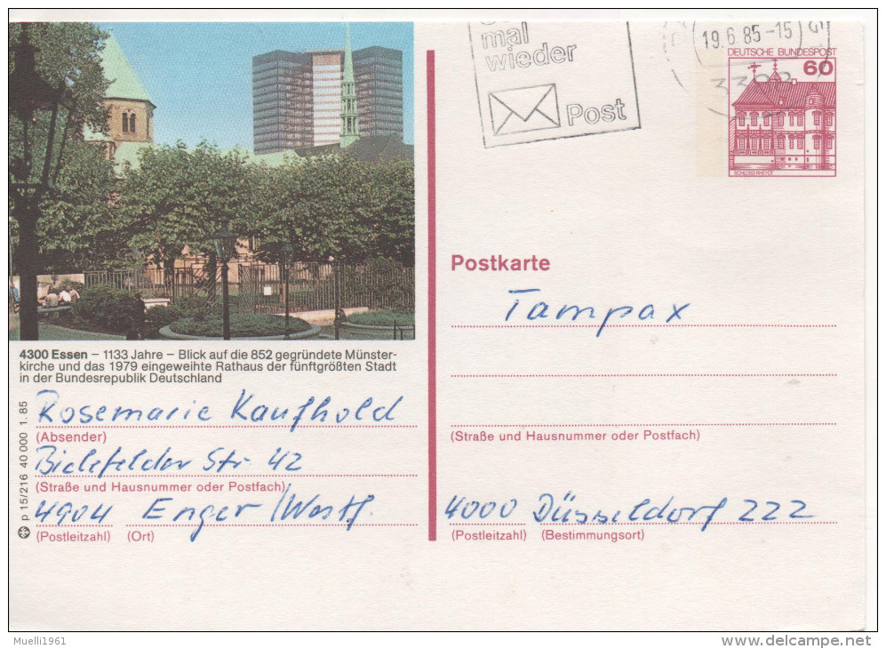 Nr. 3516, Ganzsache Deutsche Bundespost, Essen - Cartoline Illustrate - Usati