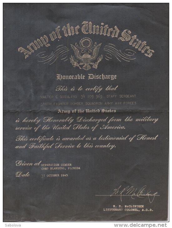 Guerre 1939 1945 Army Of USA Staff Sergeant 510th  Fighter Bomber Squadron AF 31 Octobre 1945 Discharge  Document US - Ohne Zuordnung