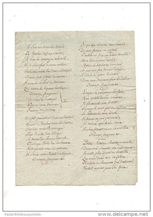CHANSON.LE TONNELIER.2 Folios.fin 18e - Début 19e Siècle. - Manuscrits