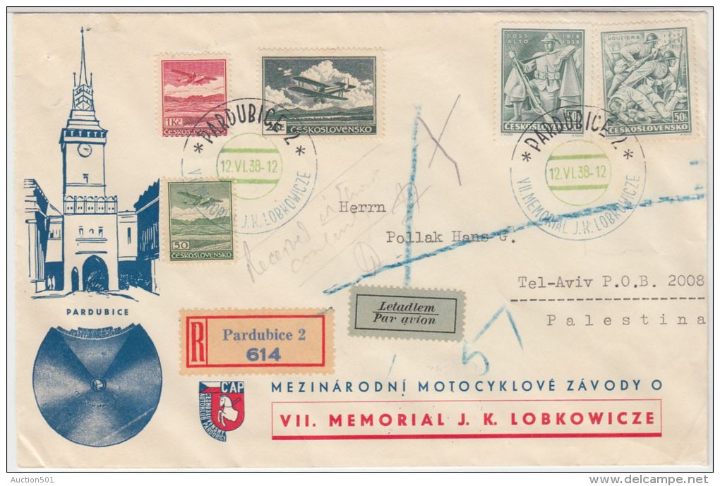 24180 VII. Memorial Lobkowice Illustrated Envelope To Palestine Tel-Aviv 1938 Registered Airmail - GF - Lettres & Documents