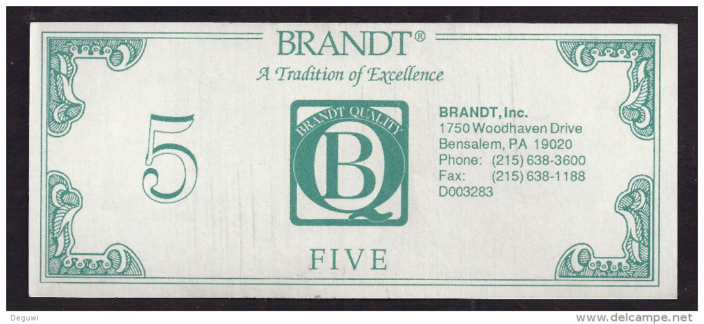 ATM Test Note "BRANDT - USA" Testnote, 5 $, Typ B, RRRRR, Lightly Used - Autres & Non Classés