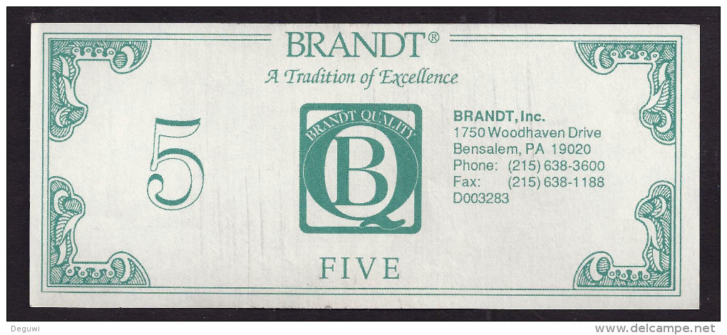 ATM Test Note "BRANDT - USA" Testnote, 5 $, Typ B, RRRRR, Lightly Used - Sonstige & Ohne Zuordnung