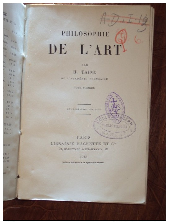 PHILOSOPHIE DE L'ART Par H. TAINE  Tome I 14 édition, 1913 - 1901-1940