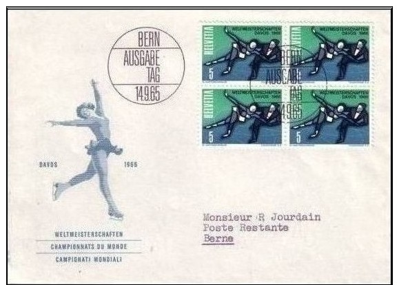 SUISSE DAVOS 1956 BLOC DE QUATRE SUR LETTRE PREMIER JOUR D´EMISSION. TRES BEAU. - Storia Postale