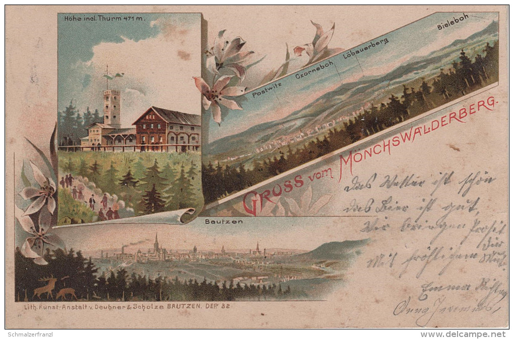 Litho Panorama AK Mönchswalder Berg Baude Turm Bei Wilthen Grosspostwitz Obergurig Kirschau Bautzen Neukirch Sohland - Kirschau