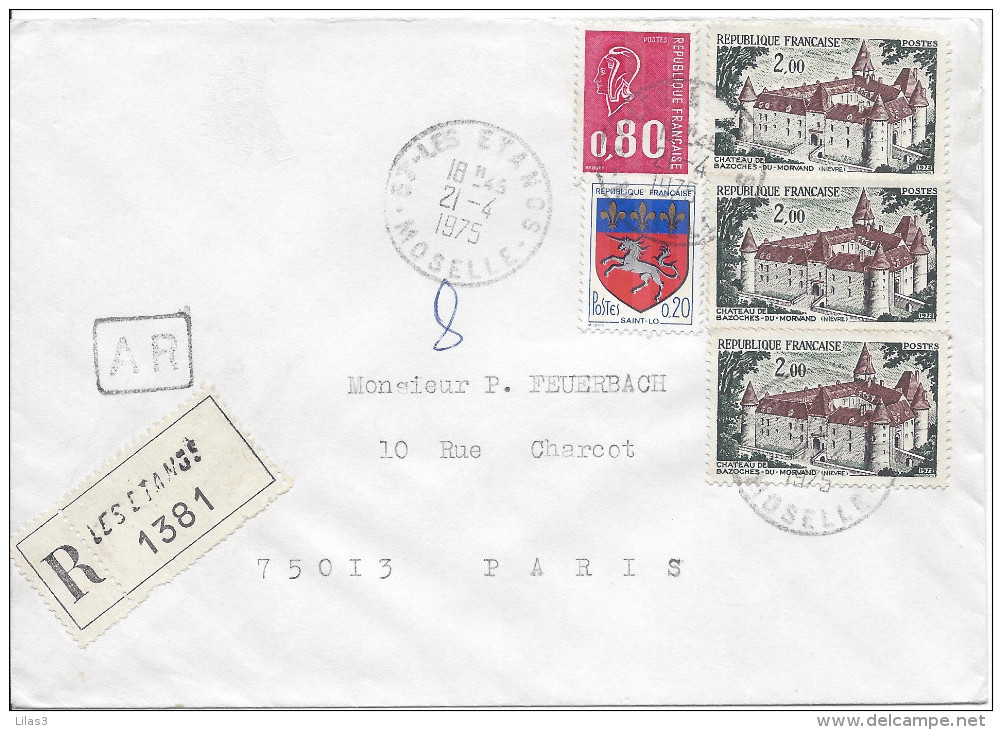Recommandé Accusé De Réception Les étangs Moselle 1975 Pour Paris Timbres 3ex Bazoches + Bequet 0.80 + Blason St Malo - Lettres & Documents