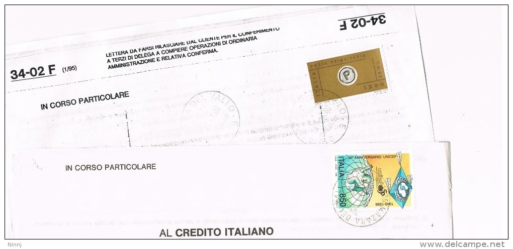 1455 - Italia - 2 Isolati Su Modelli 34-02F - IN CORSO PARTICOLARE £. 1.200 P.Prioritaria IPZS ROMA 1999 E £. 850 UNICEF - 1991-00: Marcophilie