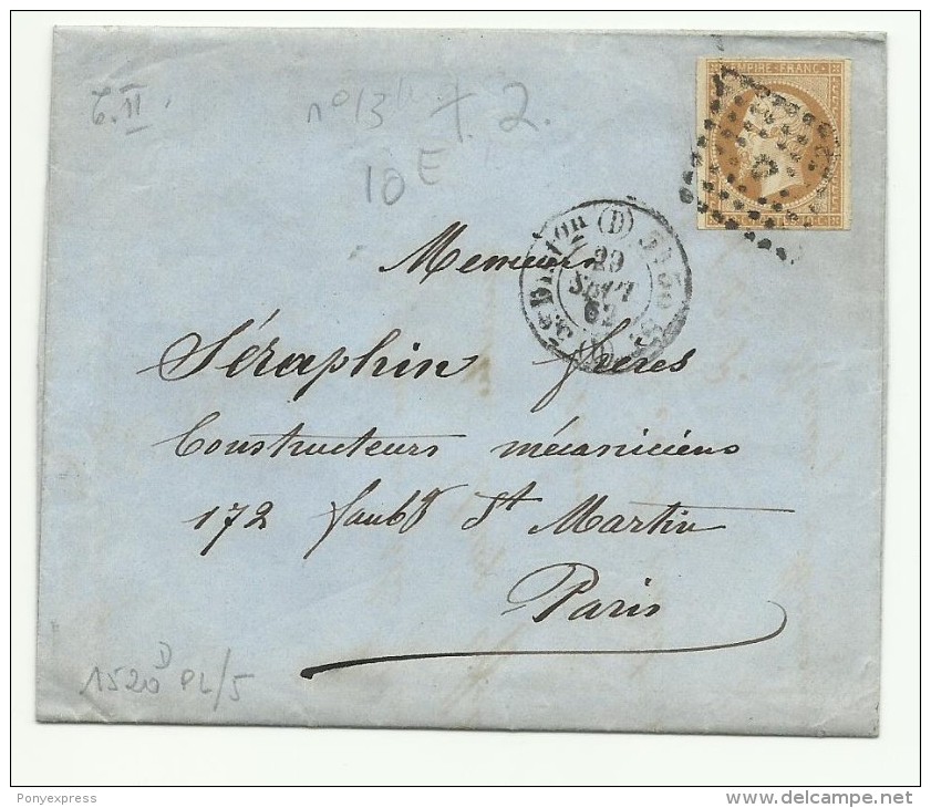 N° 13 T. 2 Sur Lettre à Entête Illustrée D'un Fabricant De Compteurs à Gaz De Paris Pour Paris 1862 - 1849-1876: Période Classique