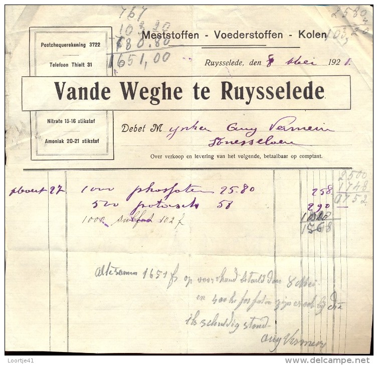 Facture Faktuur - Meststoffrn  Cyriel Vandeweghe Ruiselede 1928 - Agriculture