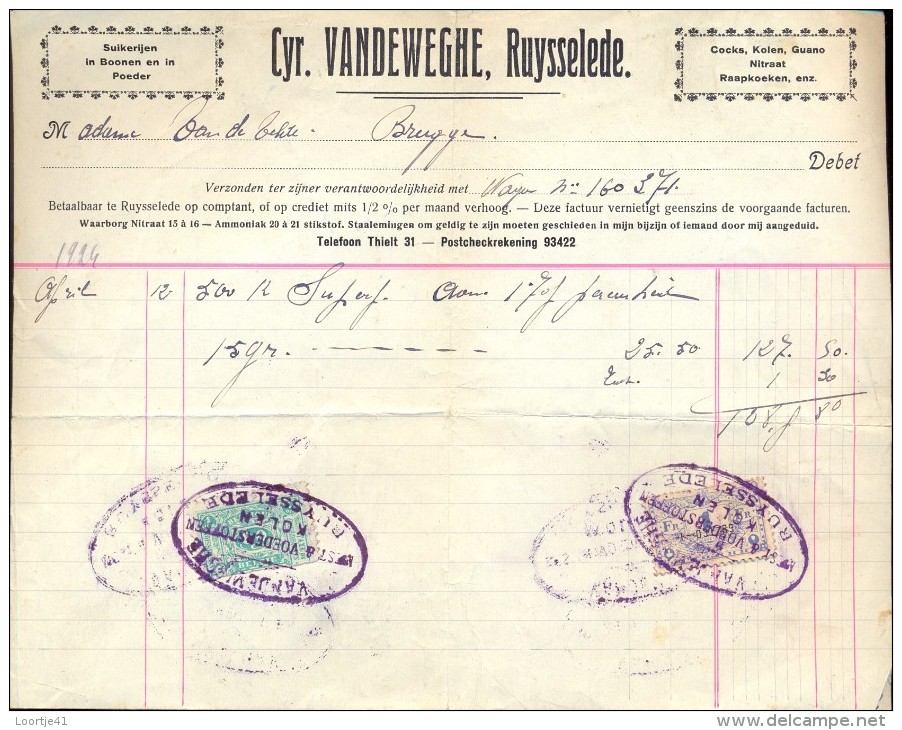 Facture Faktuur - Meststoffen  Cyriel Vandeweghe Ruiselede 1924 - Landbouw