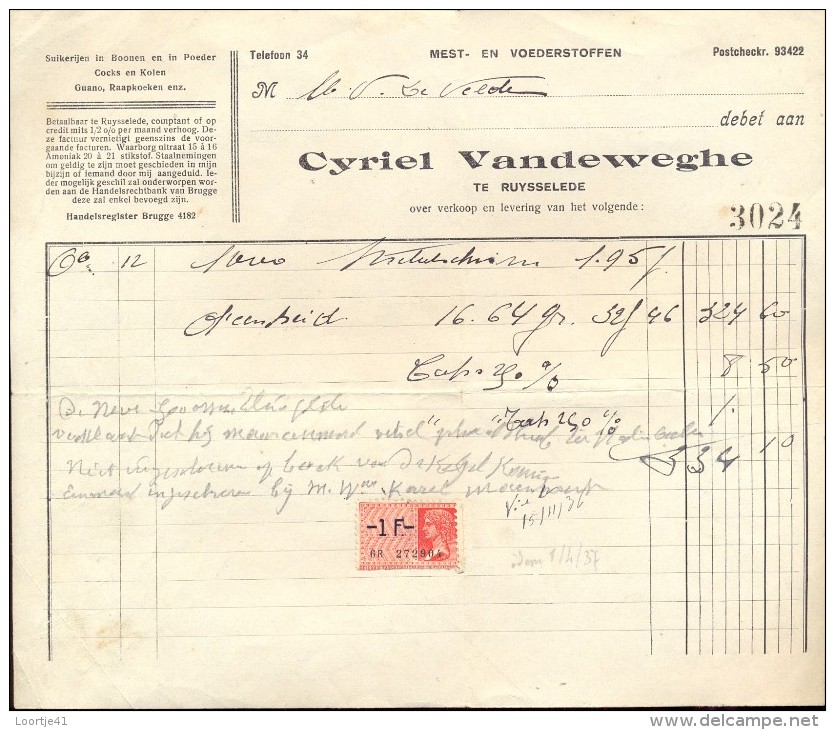 Facture Faktuur - Meststoffen  Cyriel Vandeweghe Ruiselede 1936 - Landwirtschaft