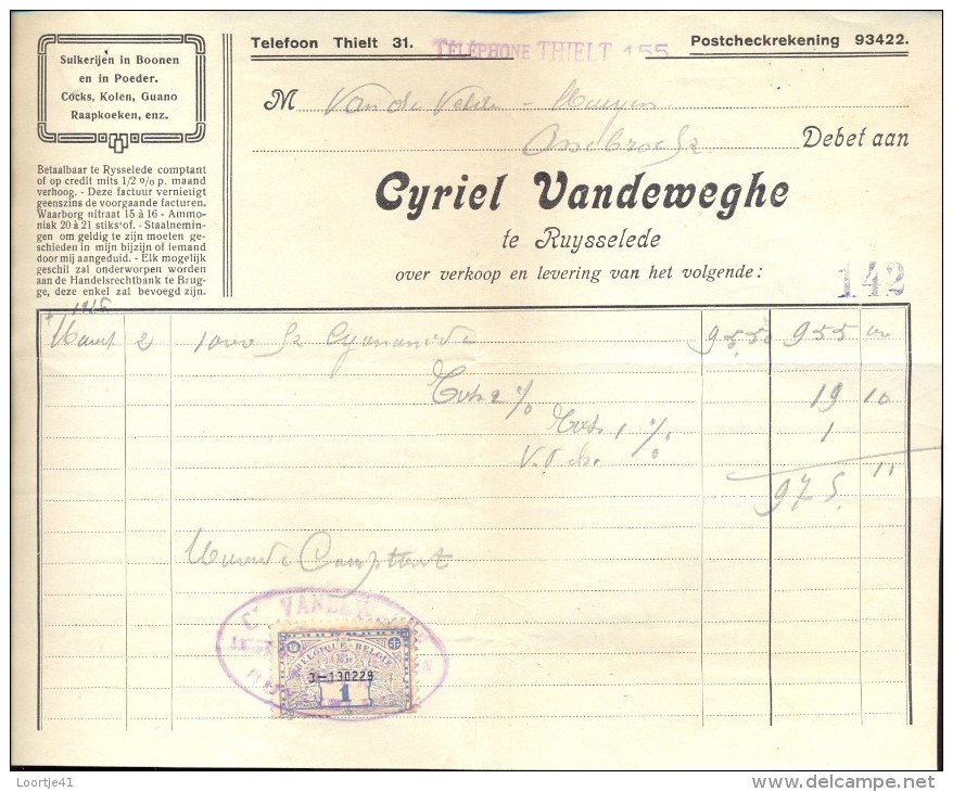 Facture Faktuur - Meststoffen  Cyriel Vandeweghe Ruiselede 1926 - Landwirtschaft