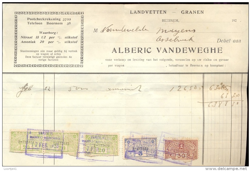 Facture Faktuur - Meststoffen Alberic Vandeweghe Ruiselede 17-2-1925 - Landbouw