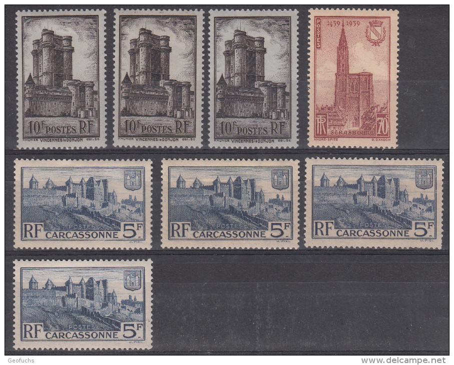 France (1938) Y/T Carcassonne N° 392 X 4 Et Donjon Vincennes N° 393 X 3 Neufs * + Cathedrale Strasbourg N° 443 Neuf ** - Nuovi