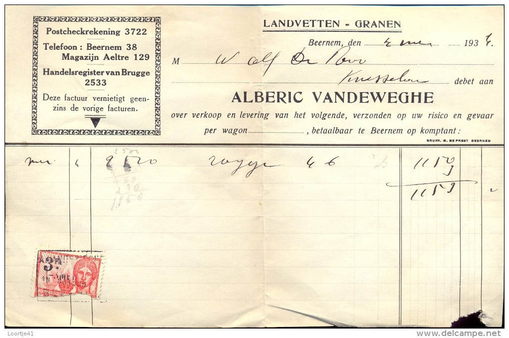 Facture Faktuur - Meststoffen Alberic Vandeweghe Ruiselede  1934 - Agricoltura