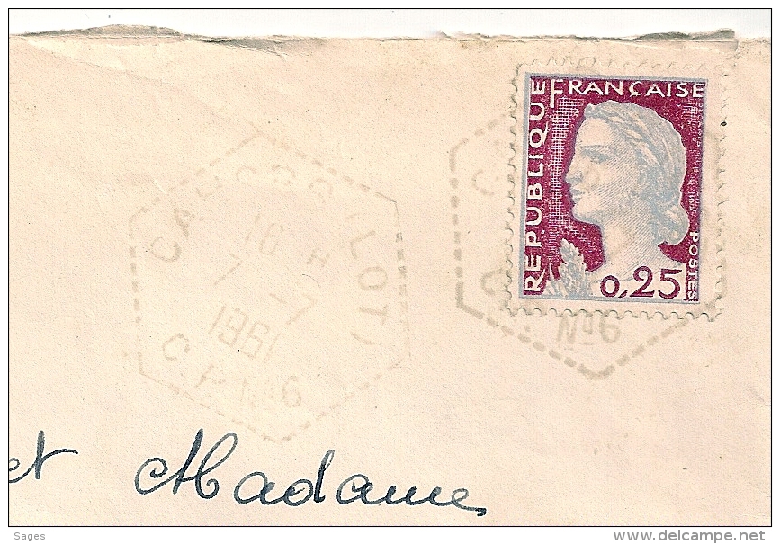 HEXAGONAL CAHORS (LOT) C P N° 6 Sur Enveloppe. - 1961-....