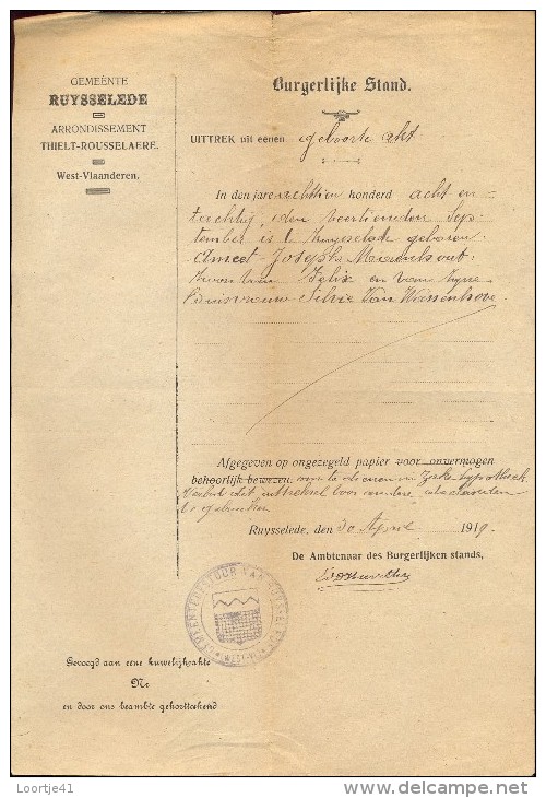 Gemeente Ruiselede Uittreksel Geboorteakte A. Maenhout 1919 - Birth & Baptism