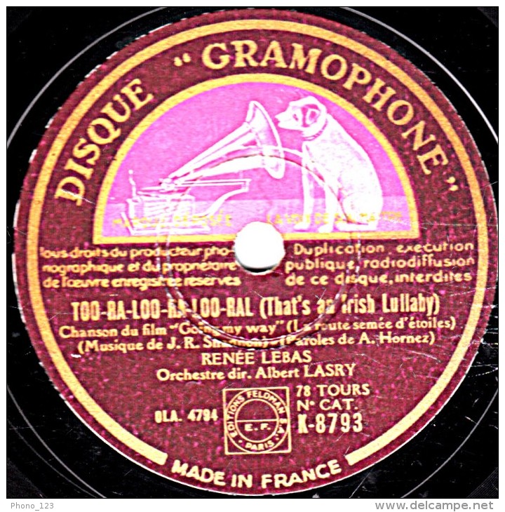 78 Trs - DISQUE GRAMOPHONE  K-8793 - état TB -  RENEE LEBAS - JIMBO L'ELEPHANT - TOD-RA-LOO-RA-LOO-RAL - 78 Rpm - Schellackplatten