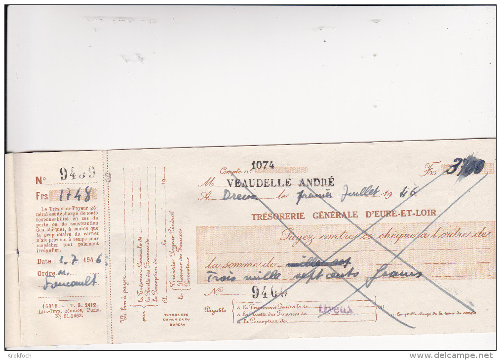 Chéquier Trésorerie Générale D´Eure Et Loir - Dreux - Il Reste Un Chéque Mais Tous Les Talons - 1946 - Cheques En Traveller's Cheques