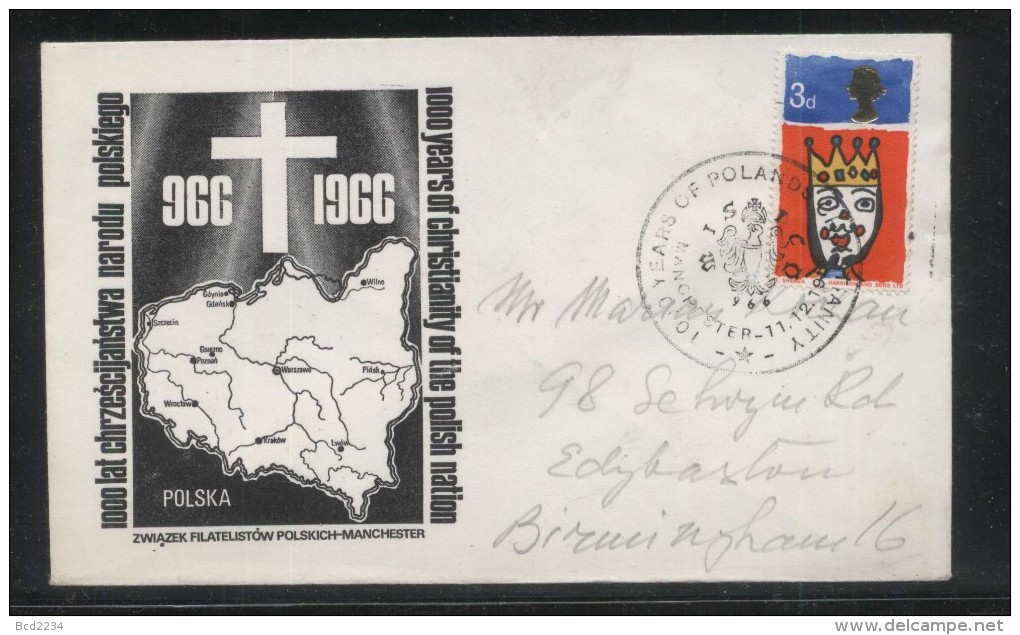 GB POLONICA 1966 1000 YEARS POLISH CHRISTIANITY COMM COVER TYPE 1 BLACK MANCHESTER MAP EAGLE CROSS RELIGION POLAND - Otros & Sin Clasificación